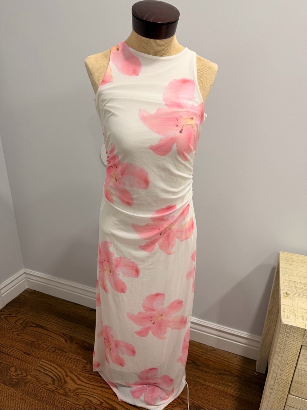 White Maxi Dress with Pink Floral Print